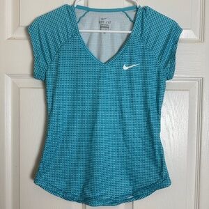 Nike Dri-Fit Blue Graphic V-Neck Short Sleeve Performance Top Women Size XS